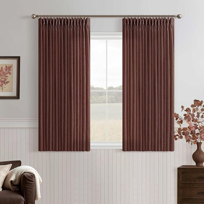 Short Linen Pleated Reddish Brown Semi Sheer Curtains 45 Inch Long 2 Panels | by Twodrapes