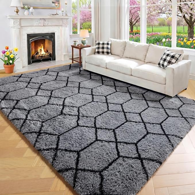 Area Rugs for Bedroom Living Room, 4x6 Fluffy Grey and Black Geometric Rug | - Image 6