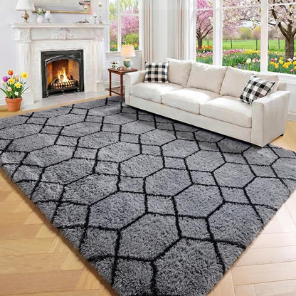 6x9 Area Rugs for Living Room Bedroom, Fluffy Grey and Black Geometric Rug | - Image 6