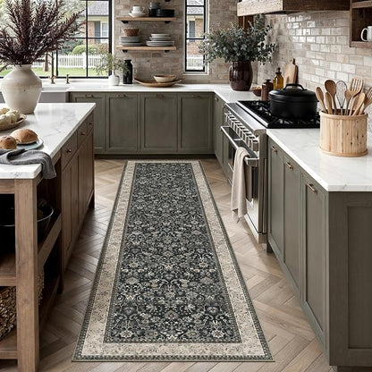 2x8 Black Beige Vintage Floral Washable Runner Rug - Image 3