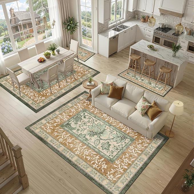 GarveeHome Terracotta Olive Sage Green Washable 5x7 Area Rugs, Botanical Grove - Image 9