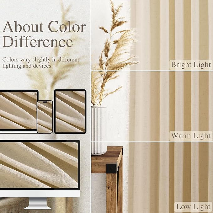 Tan Linen Curtains 90 Inch for Living Room Rod Pocket Back Tab Window Drapes - Image 3