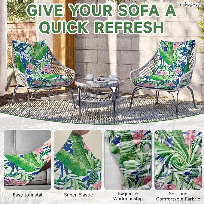 CALBODE 12 Pcs Outdoor Seat Cushion Covers, Tropical Plant | Stretch Chair Seat - Image 4