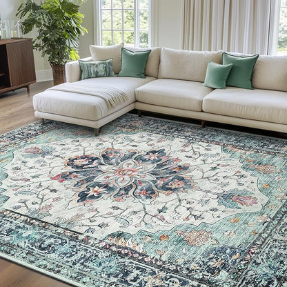 RELEANY Washable Area Rug, Teal Green/White/Navy | Non-Slip, Water Repellent by RELEANY