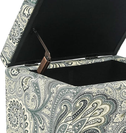Adeco 18" Cube Storage Ottoman in Blue Paisley, Upholstered Linen Foot Stool & - Image 4