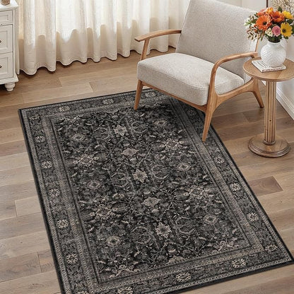 Schweek 3x5 Washable Area Rug Vintage Floral Non Slip Entryway Rugs Black | - Image 3