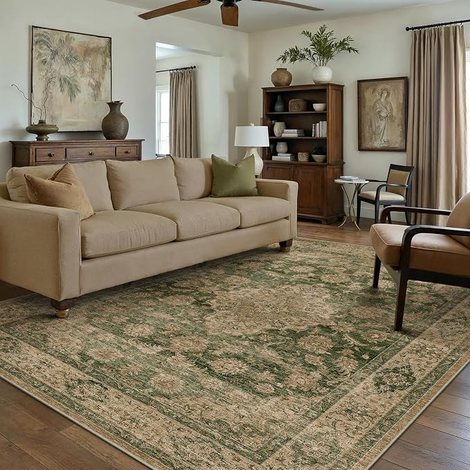 8x10 Green Retro Floral Washable Area Rug - Image 3