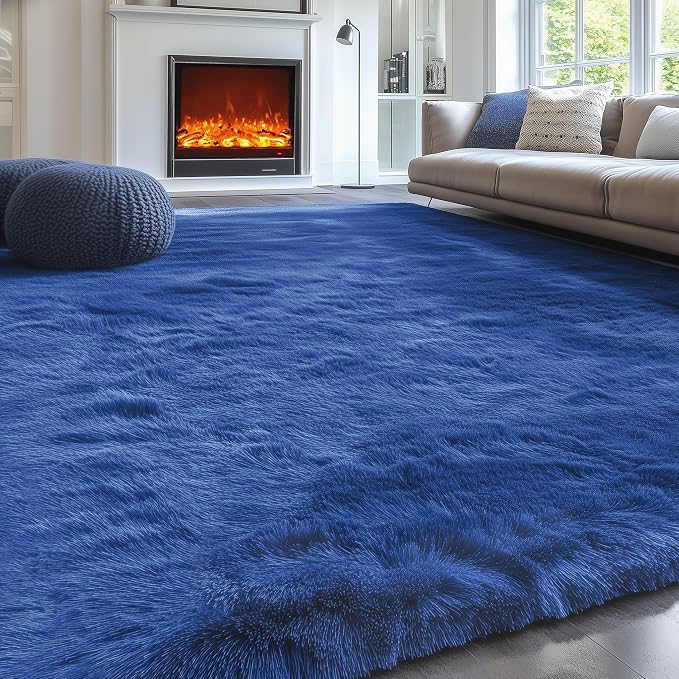 Navy Blue Rug 5x8 Ft, Fluffy Rugs - Image 2