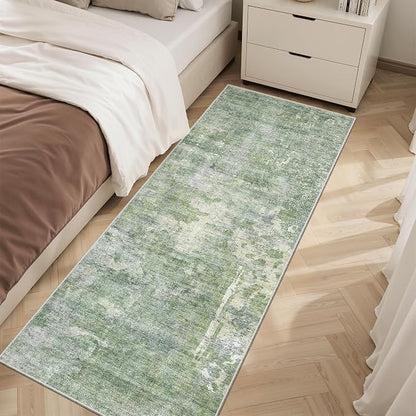Soalmost Abstratc Runner Rug 2x6 Kitchen Hallway Runners Green/Ivory | Low-Pile - Image 3