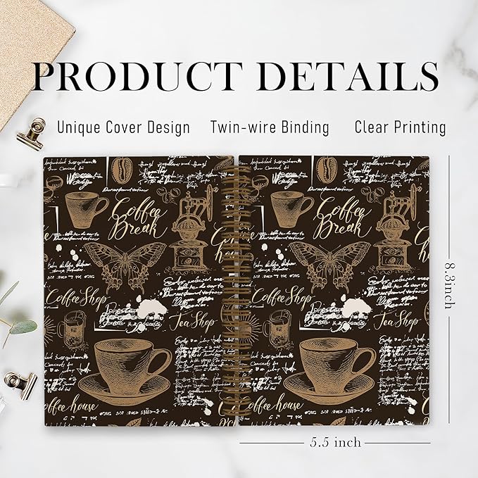 Retro Coffee Spiral Notebook, Coffee Themed Journal Notebook, Coffee Butterfly Notebooks for School Work, Coffee Tasting Office Supplies Gifts for Coffee Lovers Women Men, 5.5x8.3 Inch