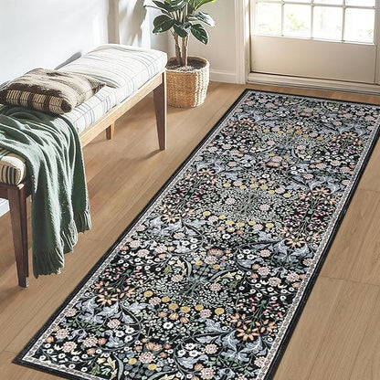 PLHXFR 2x6 Washable Runner Rug：Floral Indoor Kitchen Carpet Dark Black | - Image 3