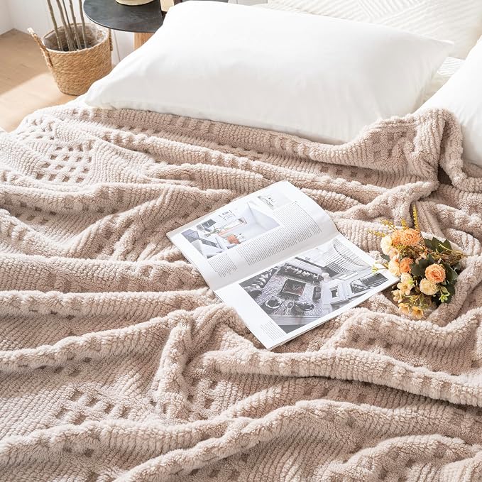 Waffle Brown Throw Blanket -Fluffy Fleece, Neutral Tan Color, Cute & Aesthetic - Image 4