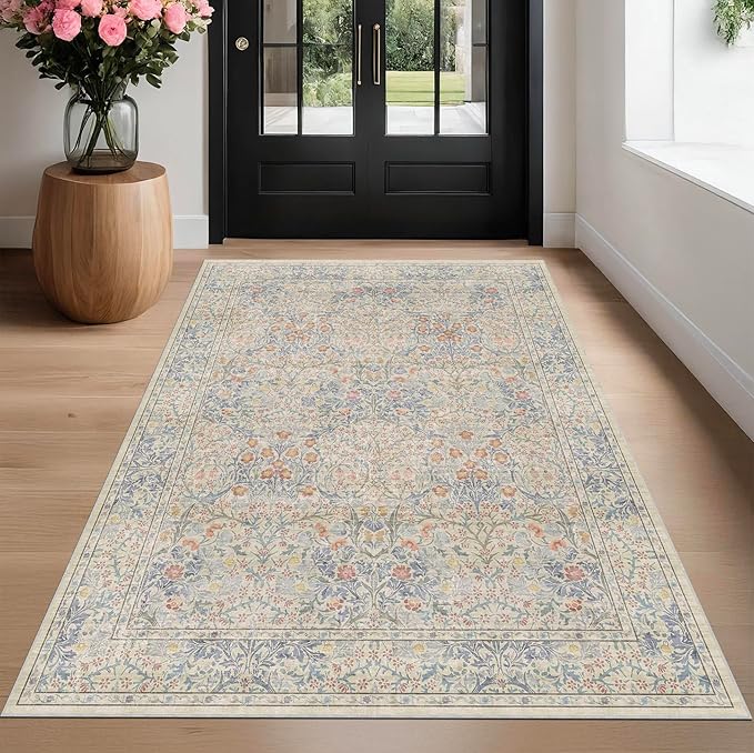 Vintage Washable Beige Blue Area Rugs - Image 3