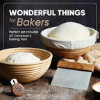 Banneton Proofing Basket Set – 2 Round 9 Inch Unbleached Rattan Baskets with Linen Liners, UFO Bread Lame (4 Blades), Dough Scraper – Sourdough Bread Baking Kit