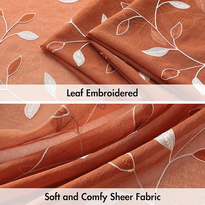 MIULEE Terracotta Sheer Fall Curtains 2 Panels Leaf Patterned, W52 x L54 | - Image 4