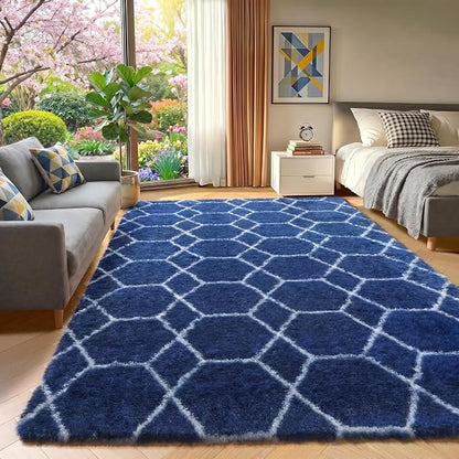 Area Rugs for Boys Bedroom Living Room, 4x6 Fluffy Navy Blue and White Rug | - Image 5