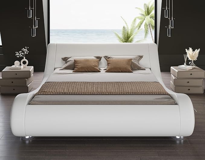 SHA CERLIN King Size Upholstered Bed Frame, Deluxe Low Profile Sleigh Bed - Image 3