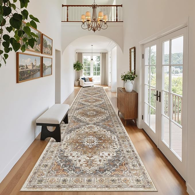 Madane Hallway Runner Rug 2'6''x14' Kitchen Runners Vintage, Turmeric/Grey | - Image 3