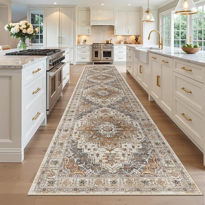 Madane Hallway Runner Rug 3x14 Washable Kitchen Runners Long, Turmeric/Grey | - Image 4