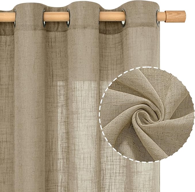 Linen Semi Sheer Curtains 54 Inches Long 2 Panels Set, Bronze Grommet Boho - Image 2
