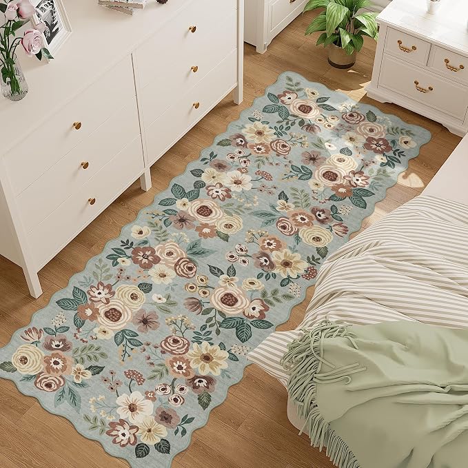 DUKINO 2.6x8 Runner Rug, Floral Washable Kitchens Rug Non Slip, Sage Green | - Image 3