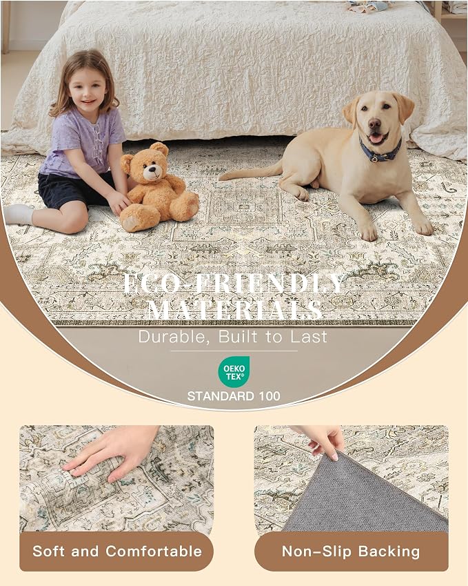 Madane 8x10 Area Rugs for Living Room, Non-Slip Washable Rug, Ivory/Brown | - Image 5
