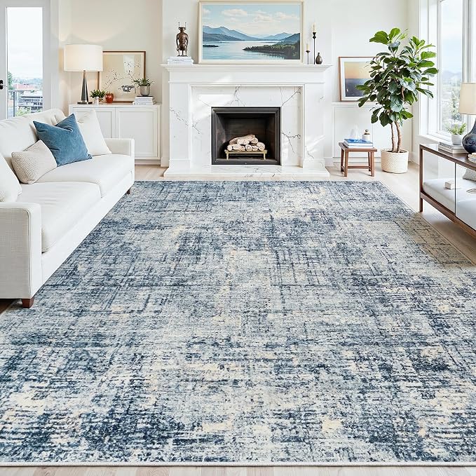 9x12 Washable Area Rug for Living Room Bedroom: Non-Slip Modern Blue Gold | by Oriannal