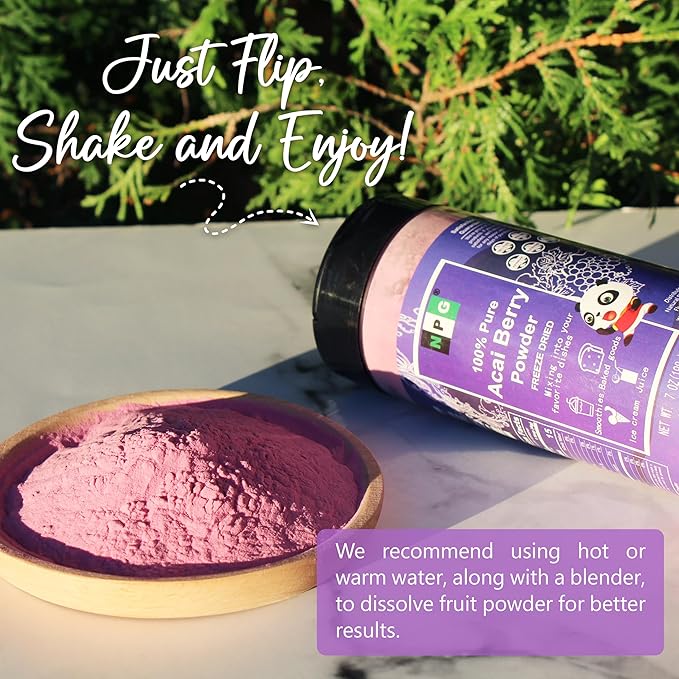 NPG Freeze-Dried Acai Berry Powder 7 Oz, Seedless Superfood with a Fine Powder Texture for Smoothies, Drinks, and Natural Food Coloring, Non-GMO, No Added Sugar, No Preservativesthi