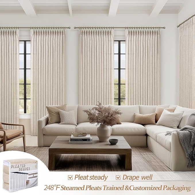 Natural Linen 60 Inch Wide Light Filtering Pleated Curtains 90 Inches Long - Image 4