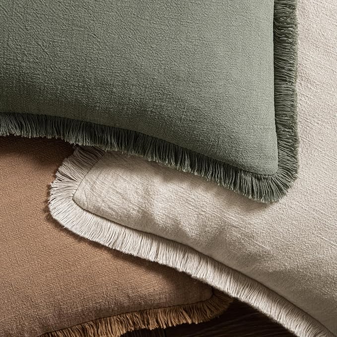 MIULEE Linen Fringe Decorative Fall Euro Throw Pillow Covers Brown 24x24 | Set - Image 4