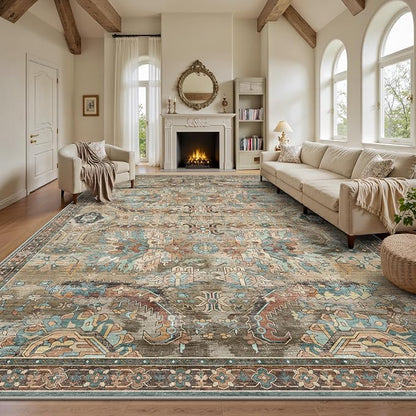 8x10 Area Rugs, Vintage Retro Soft Washable Rug, Non-Slip Low Pile Rugs by Yarooge