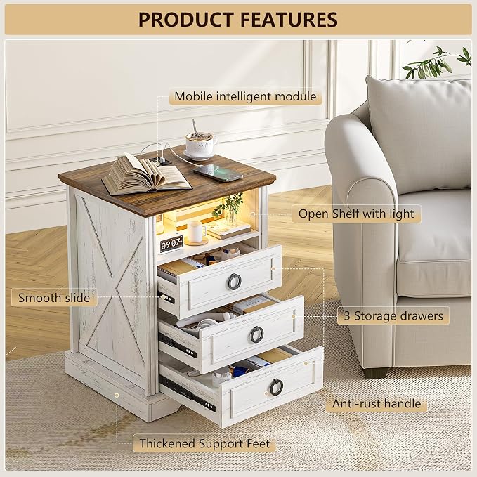 Nightstand with Charging Station, Farmhouse End Side Table with 3 Drawers and - Image 6