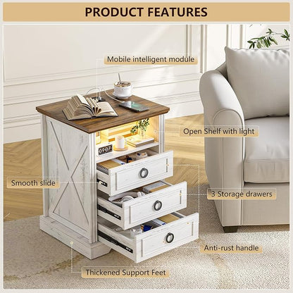 Nightstand Set 2 with Charging Station, Farmhouse End Side Table with 3 Drawers - Image 4