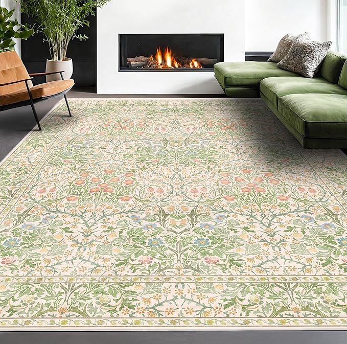 Vintage Washable Beige Green 10x12 Rug by HazoHaus