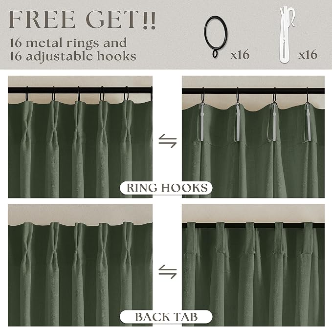 Pleated Semi Sheer Memory Shape Olive Green Linen Curtains 90 Inches Long | - Image 5