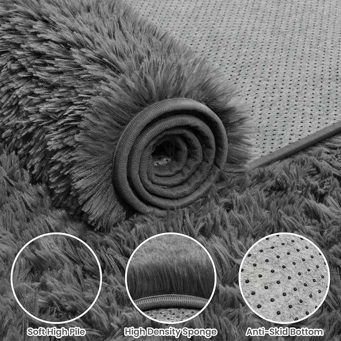 4x6 Fluffy Shag Area Rugs for Living Room Bedroom: Soft Plush Carpet Grey | - Image 6