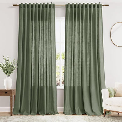 Olive Green Linen Blend Semi Sheer Curtains 108 Inches Long by 70 Inches Wide by Nanspring