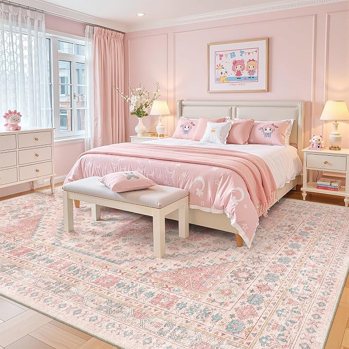 Pink Rugs for Bedroom-9x12 Area Rugs for Living Room, Girls Room | Washable - Image 9