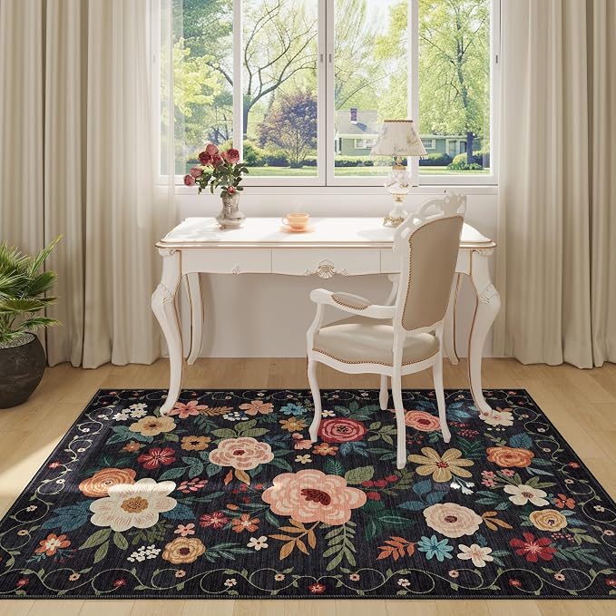 DUKINO 4x6 Area Rug, Floral Washable Office Rug Non Slip Chair Mat, Stain - Image 7