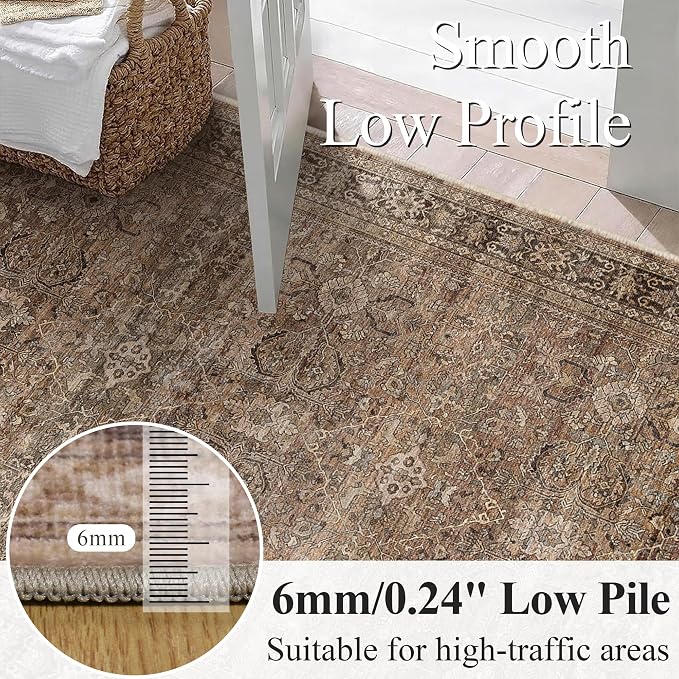 Schweek 8ft Round Rug Vintage Brown Neutral Washable Non-Slip Circle Rugs | - Image 3