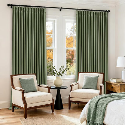 108 Inch Olive Green Linen Pinch Pleated Blackout Curtains Dual Layer | 100% - Image 9
