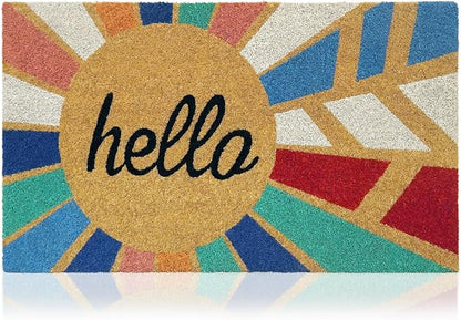 Coir Welcome Mat, Hello Colorful, 17 x 29 in | 100% Natural Coir, Anti-Shedding by AmaruDoorMats