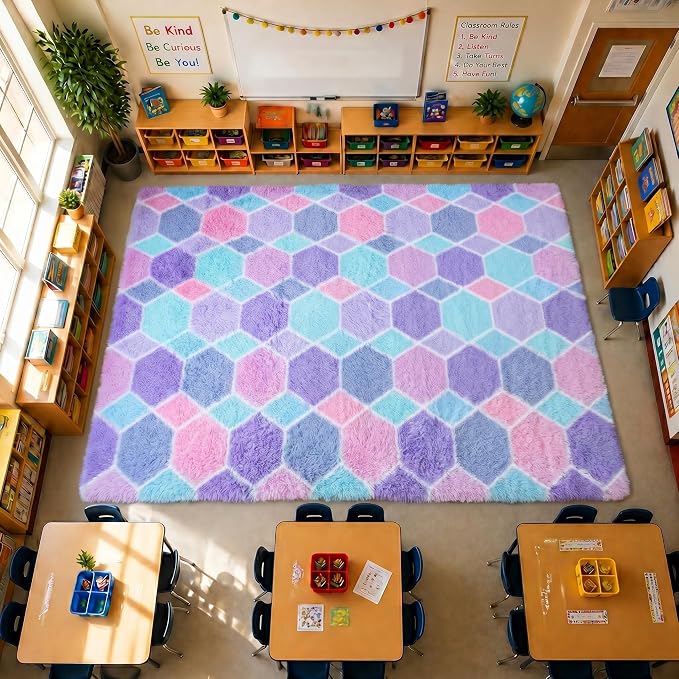 Checkered 8x10 Area Rugs for Living Room, Fluffy Purple Rainbow Girls Rug | - Image 6
