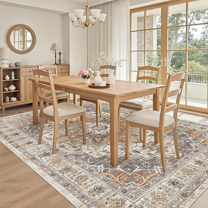 Madane 6x9 Area Rugs for Living Room, Vintage Washable Rug, Turmeric/Grey | - Image 3