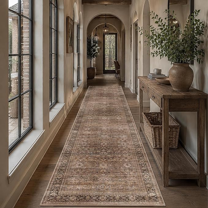 Schweek 3x10 Hallway Runner Washable Non Slip Vintage Brown Kitchen Rug | - Image 3