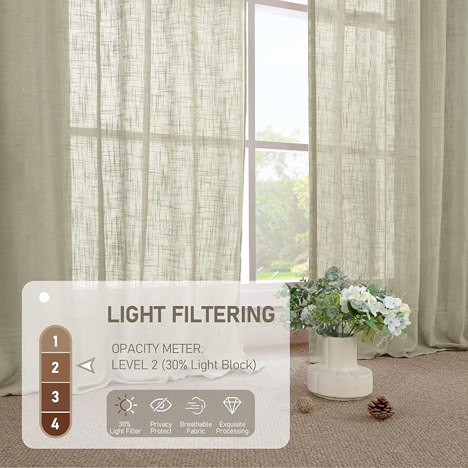 Oatmeal Linen Semi Sheer Curtains 63 Inch Length, Light Filtering Neutral Boho - Image 5