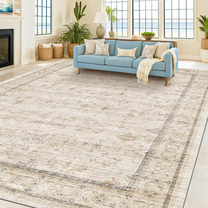 Washable Ivory Beige Living Room Rug, 8x12 Non Slip Area Rugs by HazoHaus