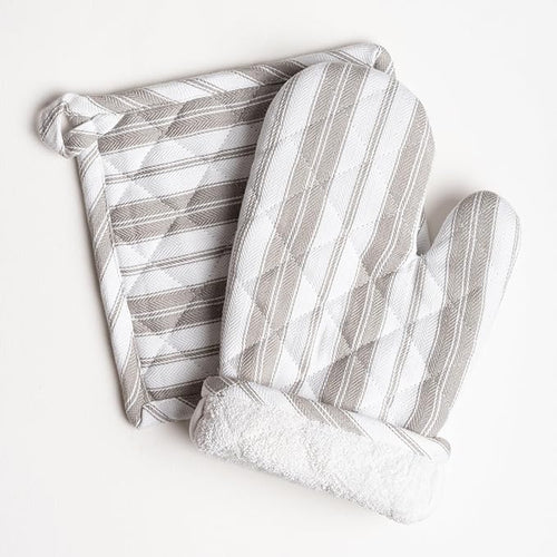 1 Oven Mitt, 1 PotHolder & 1 Kitchen Apron Set - Durable Heat Resistant Gloves - Thick Mittens for Kitchen - Suitable for Cooking, Baking, Grilling – Men & Women – Light Grey Stripes - Casa De Lan