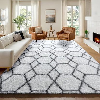 8x10 Area Rugs for Living Room, Fluffy White and Grey Geometric Bedroom Rug | - Image 5