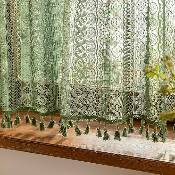 Sutuo Home Olive Green Boho Lace Curtains 2 Panels 45 Inch Long, Semi Sheer - Image 8